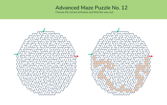 Advanced circular maze puzzle worksheet with multiple entrances exit arrow plus highlighted solution path for route finding logic practice educational printable vector activity challenge