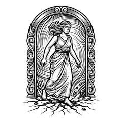 Fototapeta premium Woman walking through stone archway mythological engraving.