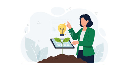 Fototapeta premium Businesswoman with Growing Plant and Lightbulb Idea on Tablet, symbolizing innovation, startup, and growth