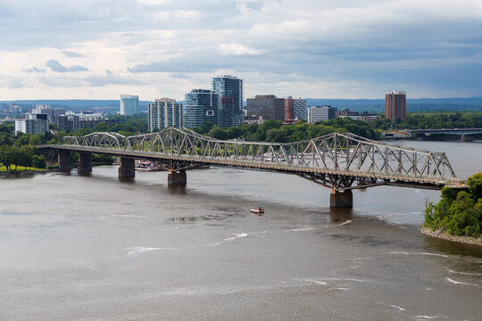 Alexandra Bridge truss structure over Ottawa River connecting Ontario and Quebec in Canada