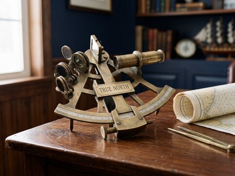 Antique brass sextant engraved with true north resting on a wooden captain's desk