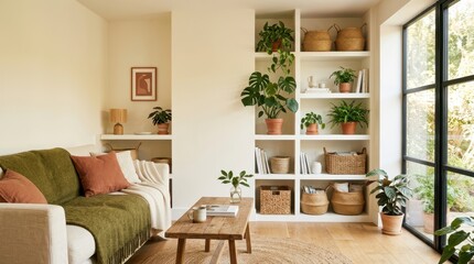 Fototapeta premium Cozy living room with natural light, plants, and comfortable seating