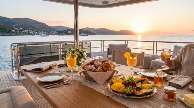 Luxury yacht breakfast at sunrise with fresh fruits and pastries overlooking the sea