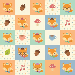 Obraz premium The image showcases an adorable pattern filled with illustrated foxes, mushrooms, acorns, and more, ideal for kids' room decor or playful design projects.