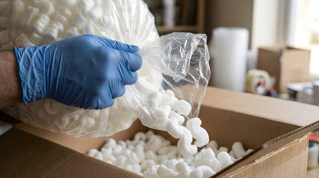 shipping and packaging supplies in warehouse|secure product shipping with foam peanuts|logistics and order fulfillment process|worker pouring packing peanuts into box