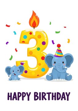 Cute baby elephants celebrate a third birthday with a colorful number three and confetti.