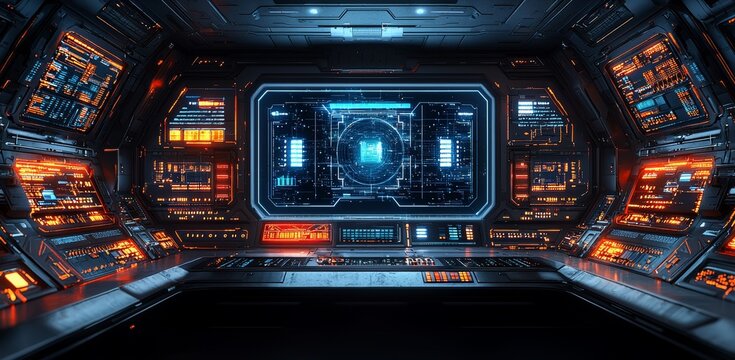 An illustration depicting a futuristic, horizontal showcase and layout with a digital hi-tech background, showcasing the relationship between innovation and technology implementation