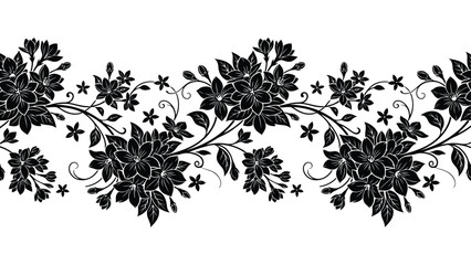 Fototapeta premium Seamless floral border pattern with black silhouette flowers on a white background elegant style