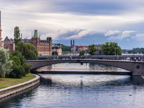 Stockholm Panorama and Norrstroem River Bridges Scenic View