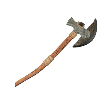 Rustic battle axe isolated PNG on transparent background, medieval Viking weapon with carved wooden handle for fantasy and historical design