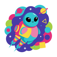 Fototapeta premium Charming alien character wearing a jetpack gliding through a colorful abstract nebula with geometric planets on white background. Playful space exploration concept