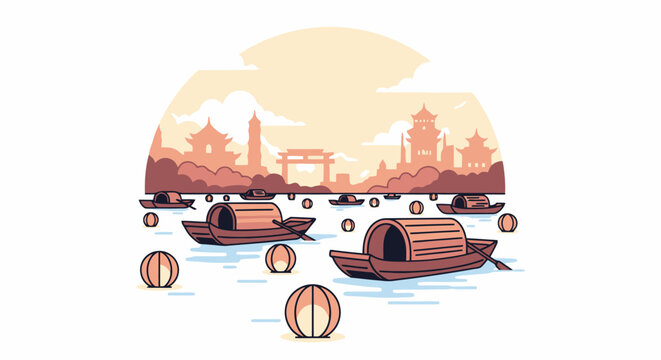 Traditional Asian Boats Floating on Water with Lanterns.