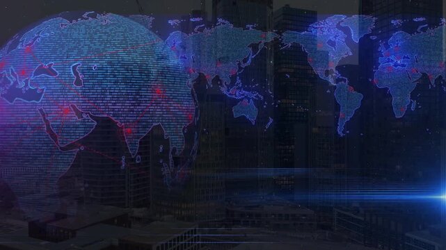 Digital earth globe and world map constructed from binary codes over a modern skyscraper city, symbolizing digital transformation, global corporate business, and tech.