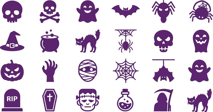 Halloween theme icon set with spooky decorations and supernatural creatures halloween decoration celebration creature supernatural tombstone graveyard witchcraft illustration elements