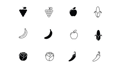 Black and white fruit and vegetable icons on transparent background © PNG BOSS 22