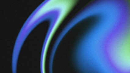 Textured grainy noise abstract backdrop with smooth fluid wavy curved gradient shapes. Cool blue, violet purple, and pale lime green colors blend against a solid black dark background. © yun visual