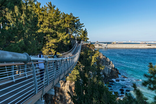 Visitors Crossing Chuam Chotdaebawi Suspension Bridge Above Turquoise Sea, South Korea