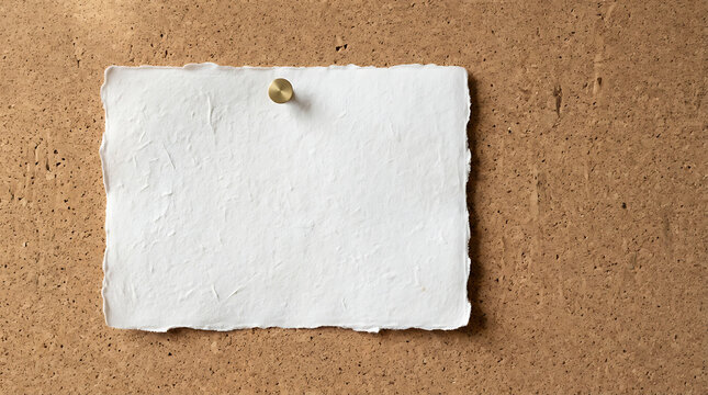 Blank Handmade Paper Sheet Pinned on Rustic Cork Board Background for Creative Messages