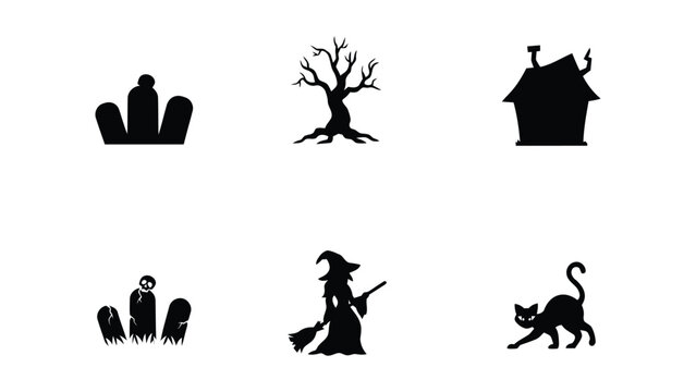 Halloween icons including witch cat tree house crown tombstones and broom