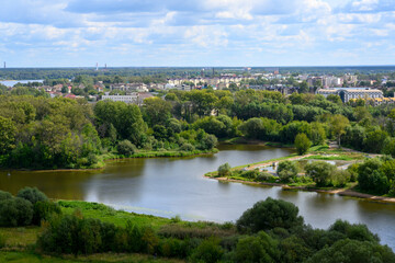 Fototapeta premium Aerial view of the backwaters and bends of the Kotorosl River in the vicinity of Yaroslavl, Russia