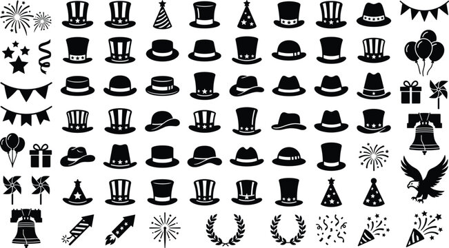 Independence day silhouette icon set with top hats uncle sam party favors liberty bell flying eagle fireworks and patriotic symbols