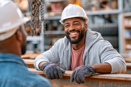 Smiling construction worker in hardhat and gloves chatting with colleague in industrial workshop