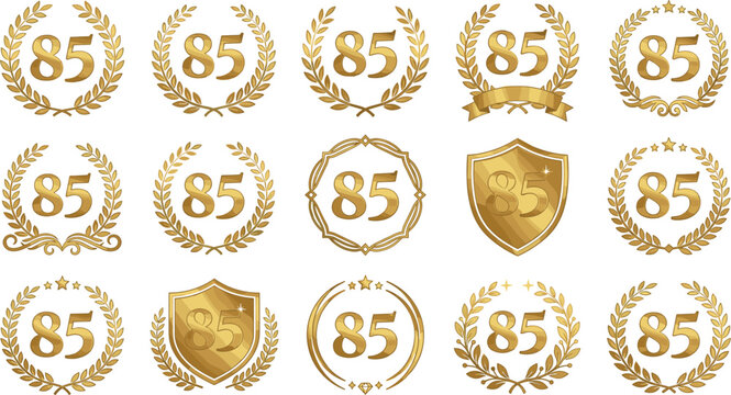 Premium eighty five years anniversary golden badge set featuring minimalist laurel wreaths elegant shield frames and luxury celebration vectors