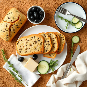 Minimal picnic flat lay with sunflower seed bread, Monterey jack, and gooseberries on cork