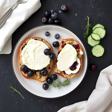 Cranberry walnut bread with brie and blueberries flat lay