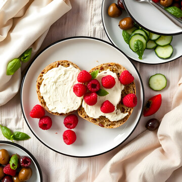Sunflower seed bread with goat cheese and raspberries overhead