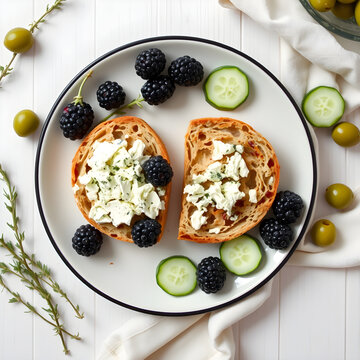 Olive bread with blue cheese, blackberries, and thyme flat lay