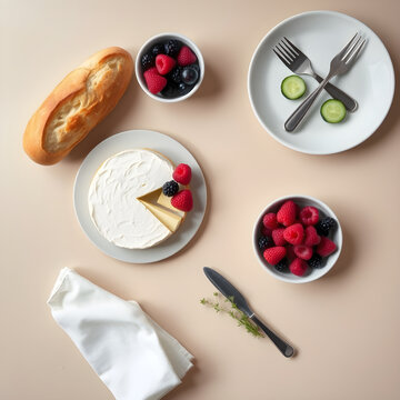 Minimalist picnic composition with ciabatta and camembert