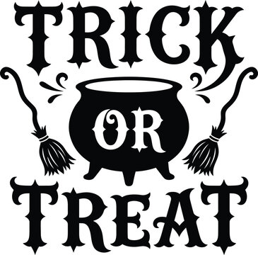 Trick or treat typography with magic cauldron and witch brooms halloween lettering cauldron typography celebration ornament decorative calligraphy wizardry