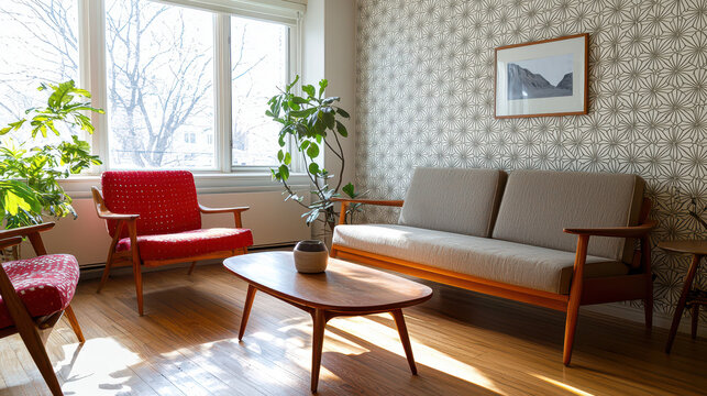 Bright and inviting living room with mid century modern furniture, featuring sofa, chairs, and coffee table, surrounded by plants