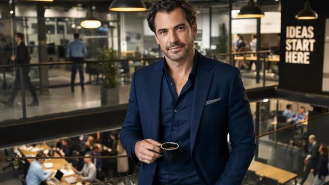 Handsome venture partner in a sharp suit stands on an office mezzanine holding an espresso cup. Below him, an open-plan coworking space bustles with workers, accented by industrial lighting