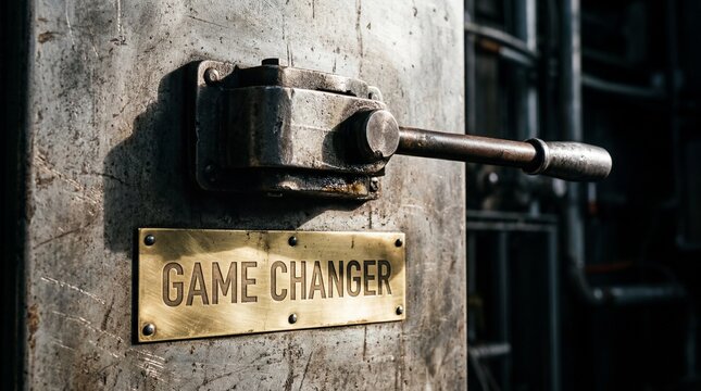Industrial metal lever mounted on weathered steel panel above a brass game changer plate