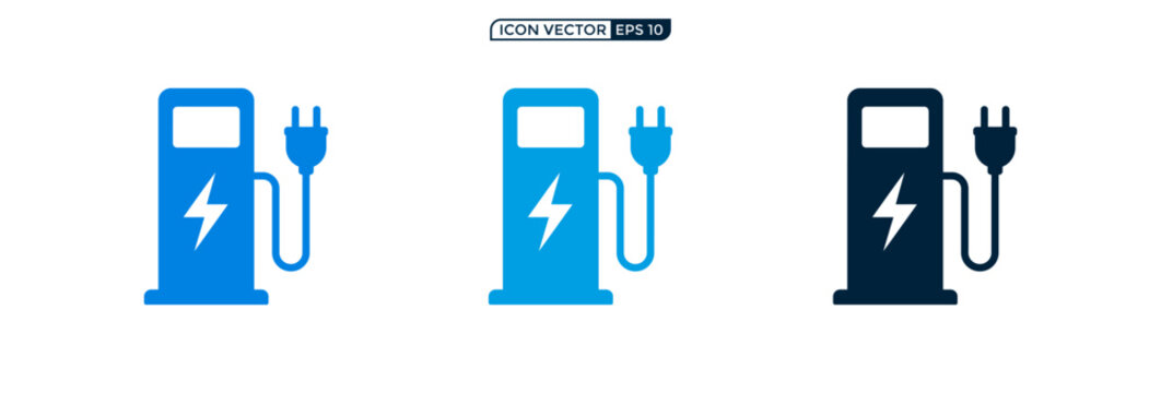 Electric vehicle charging station icons set with power plug and lightning bolt symbol.