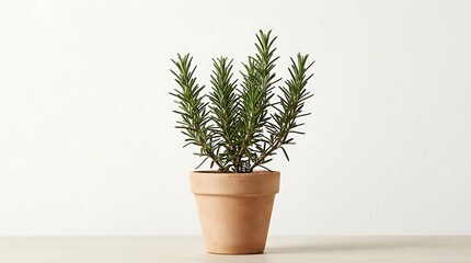 Fototapeta premium Fresh green rosemary herb plant growing in a small terracotta clay pot on a plain white background