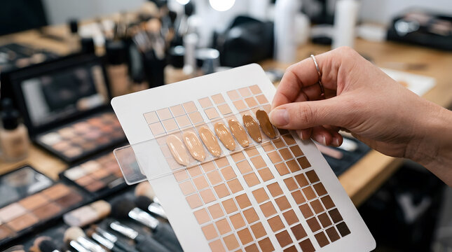 professional makeup foundation shade guide|makeup artist choosing skin tone match|liquid foundation swatches for diverse skin tones|beauty professional color matching tool