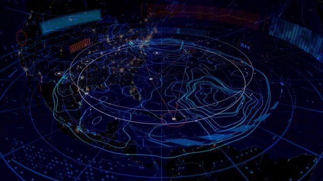 Futuristic radar scanning a digital map of North America with data points and network lines, illustrating global surveillance, tracking, and communication networks.