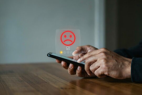 Customer using smartphone to give one star negative rating feedback for bad service quality