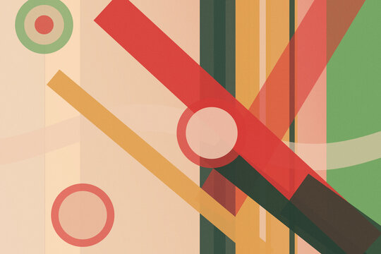 Colorful abstract geometric lines and circles in red, green, and gold on a vintage beige background, ideal for design layouts and creative branding with copy space.