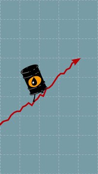 Barrel of oil equivalent rate still goes up vertical seamless loop. Walking up petroleum fuel symbol animation. Cartoon character animated rising fast funny business animation background diagram.