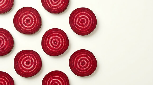 Pattern of fresh red beetroot slices arranged on a plain white background, view studio