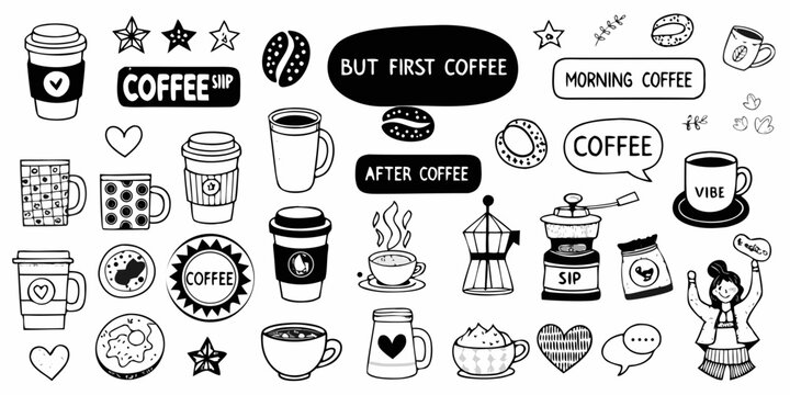 Coffee Related Elements Black And White Vector Illustration Collection