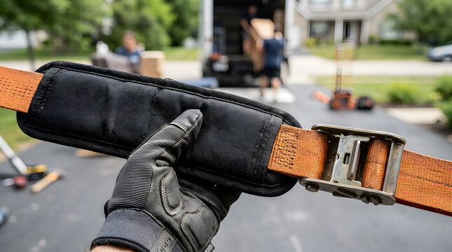 professional moving company equipment|heavy duty ratchet straps with padding|residential relocation services in progress|professional movers using safety gear