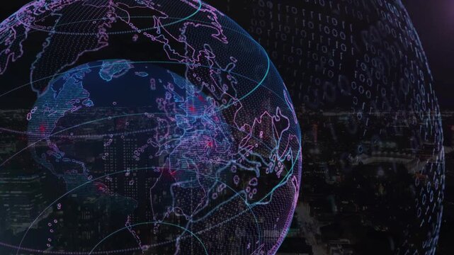 Digital globe with glowing nodes and binary code overlaid on a night cityscape, symbolizing global communication, internet networks, and smart city technology.