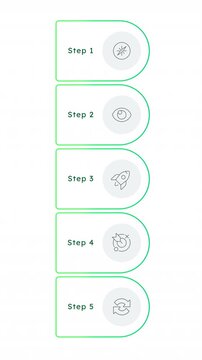 Sustainable business benefits green semi circle line icons infographic animation. Eco friendly corporate core values. Process flow options. Outline graphic animated 5 steps. HD video