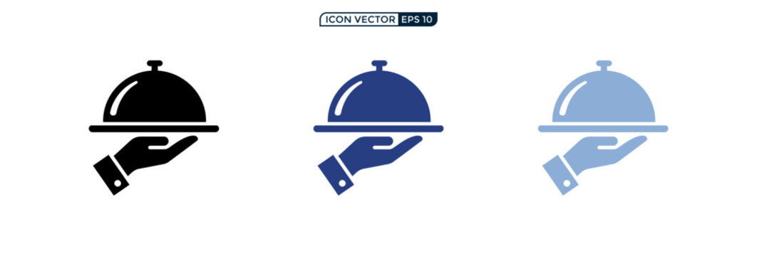 Restaurant waiter hand holding food tray cloche icon set in different colors.