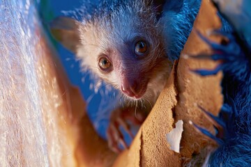 Fototapeta premium Aye-aye lemur with wide alert eyes and slender fingers gripping a textured tree branch in a nocturnal forest for wildlife and biology education